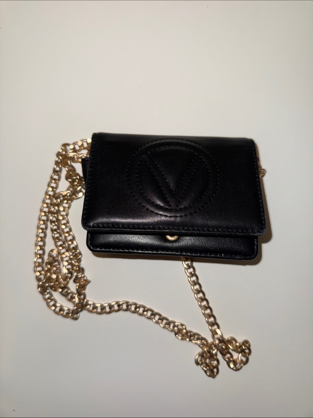 Mini Valentino Black Leather Crossbody with Gold Chain